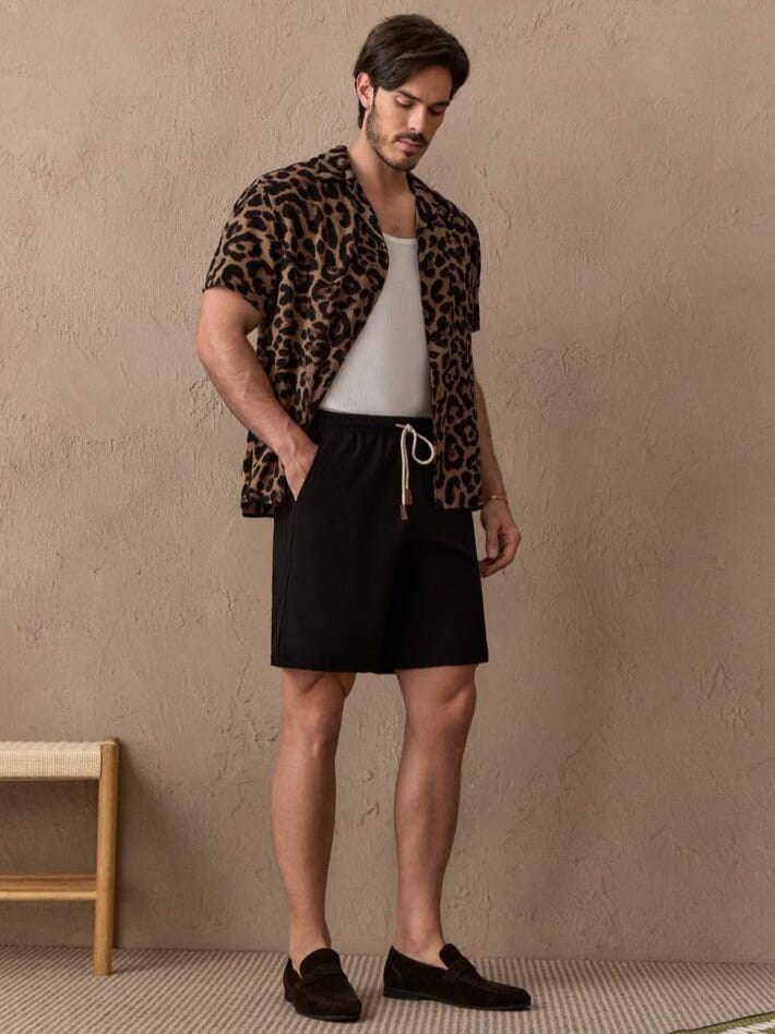Uptown Funky Men Leopard Button Short Sleeve Shirt
